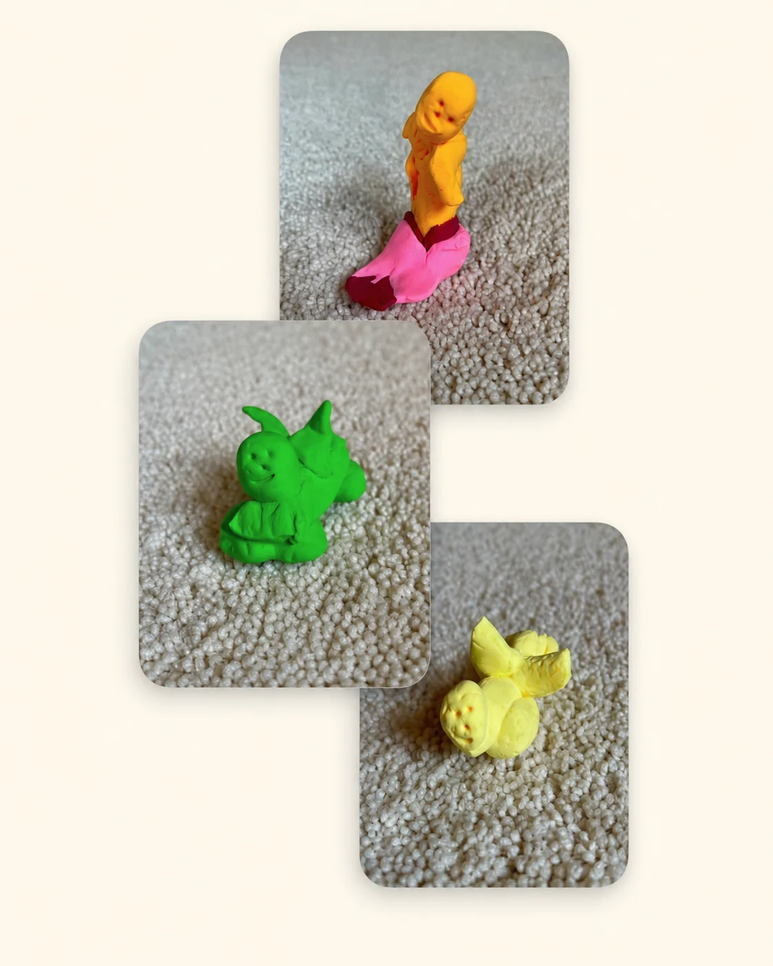 Three colorful handmade clay figures created by Chad: a yellow and pink standing character, a green creature, and a small yellow winged creature