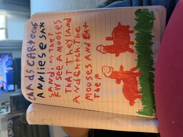 A Chad's Cartoons notebook page with red characters and green grass