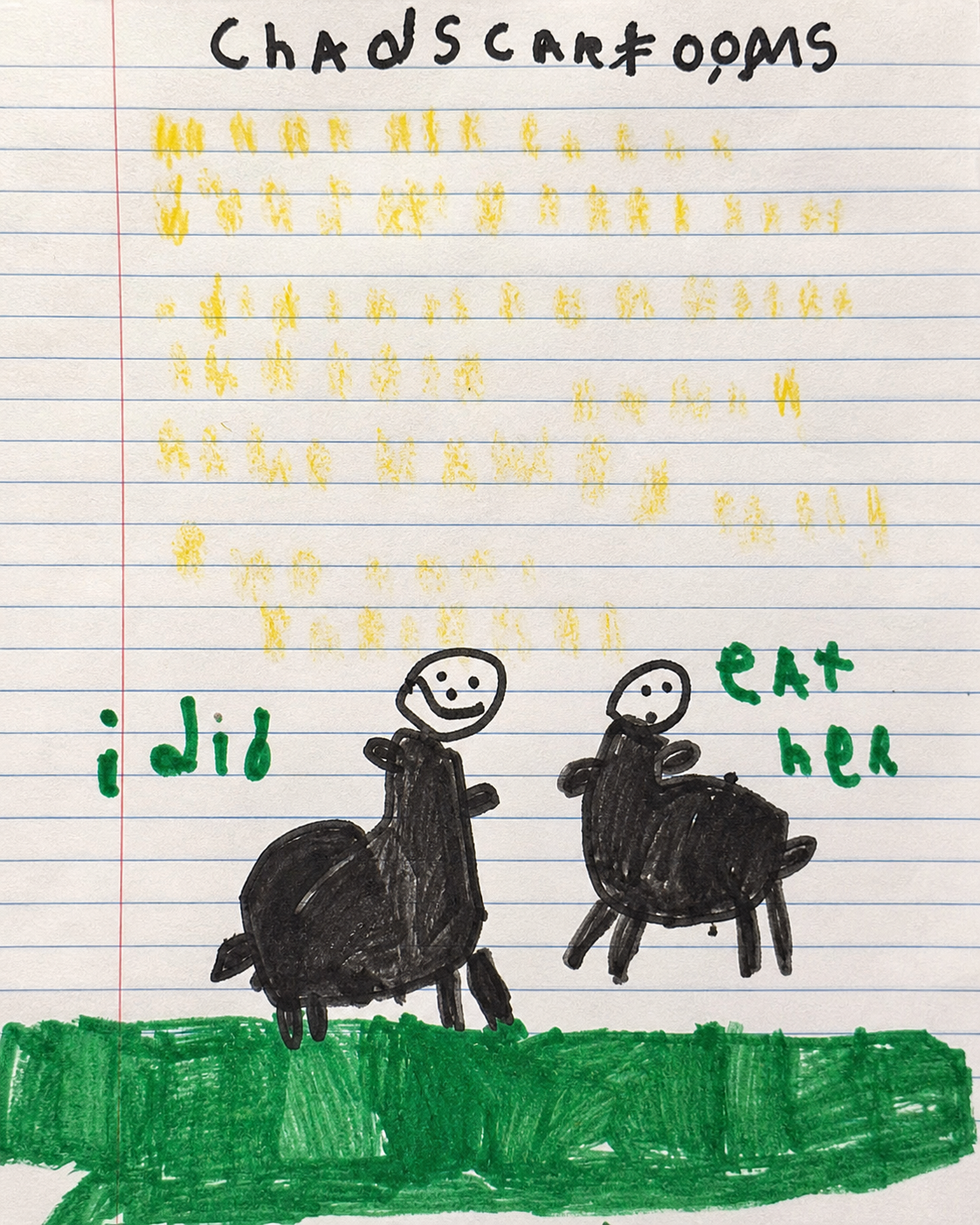 Chad's hand-drawn cartoon with two characters standing on green grass